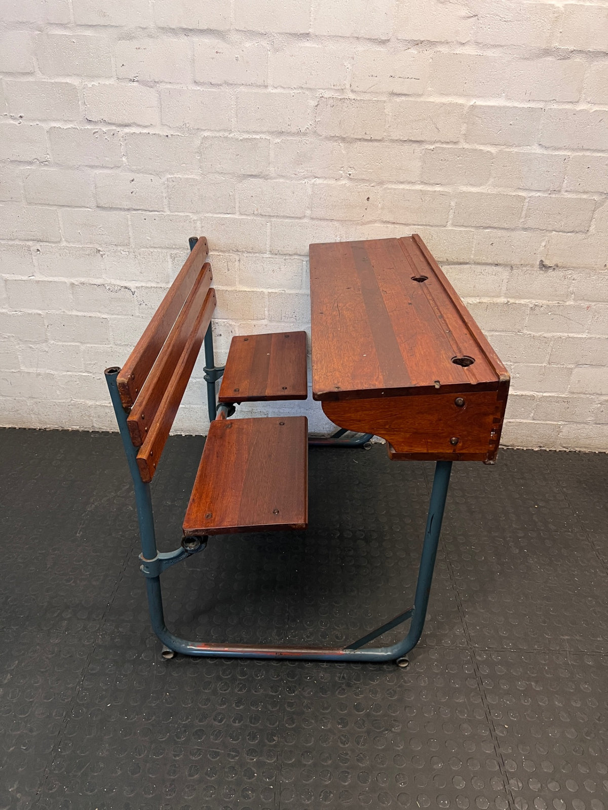Vintage Style Wooden School Desk with Metal Frame – side view