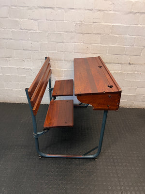 Vintage Style Wooden School Desk with Metal Frame – side view