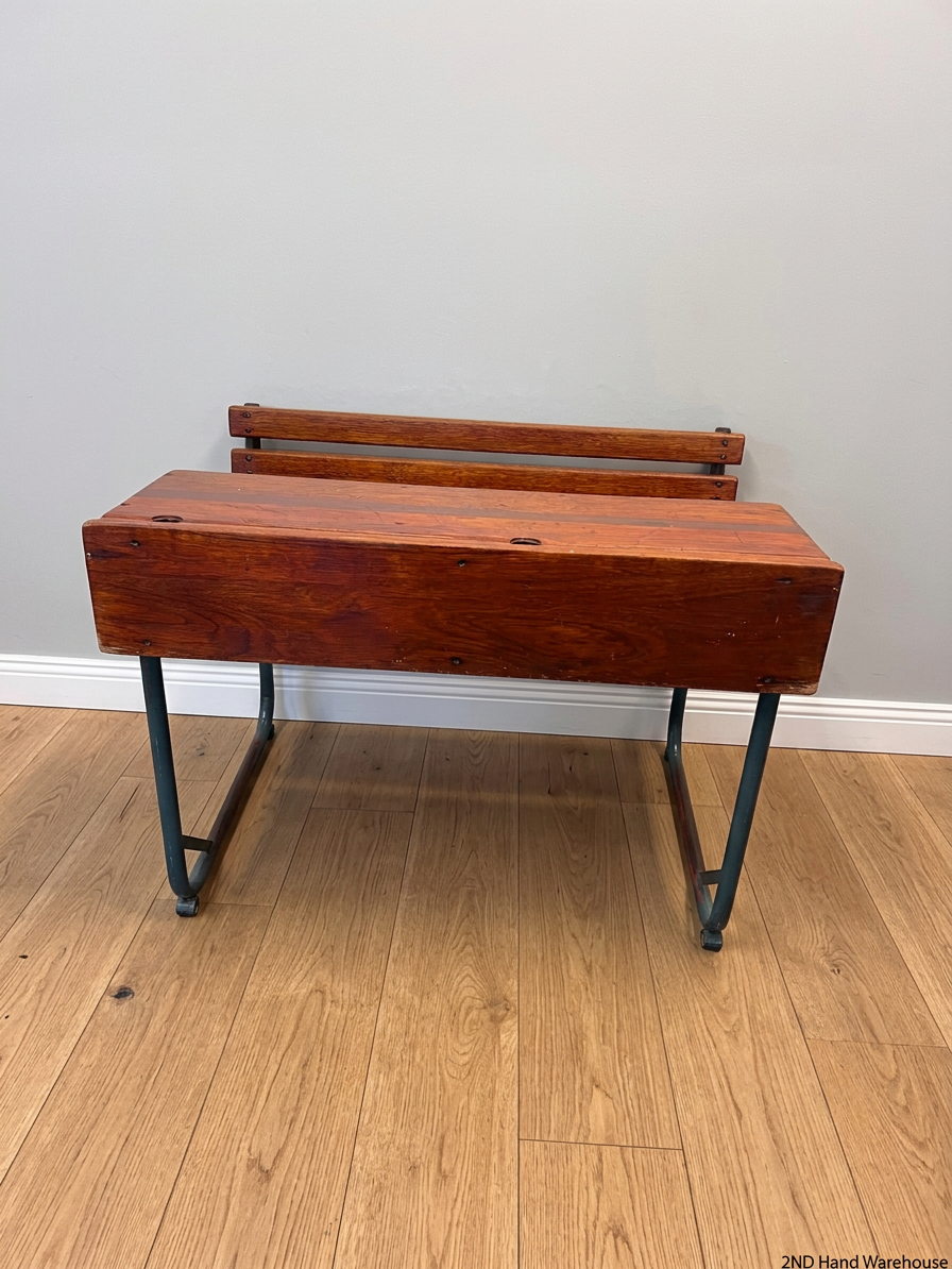 Vintage Style Wooden School Desk with Metal Frame – styled product image