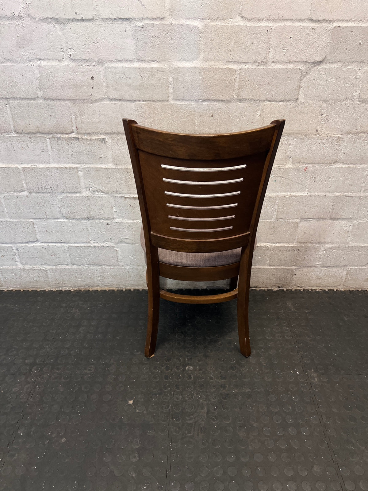 Brown Wooden Dining Chair with Fabric Upholstered Seat — Damaged Condition – back view