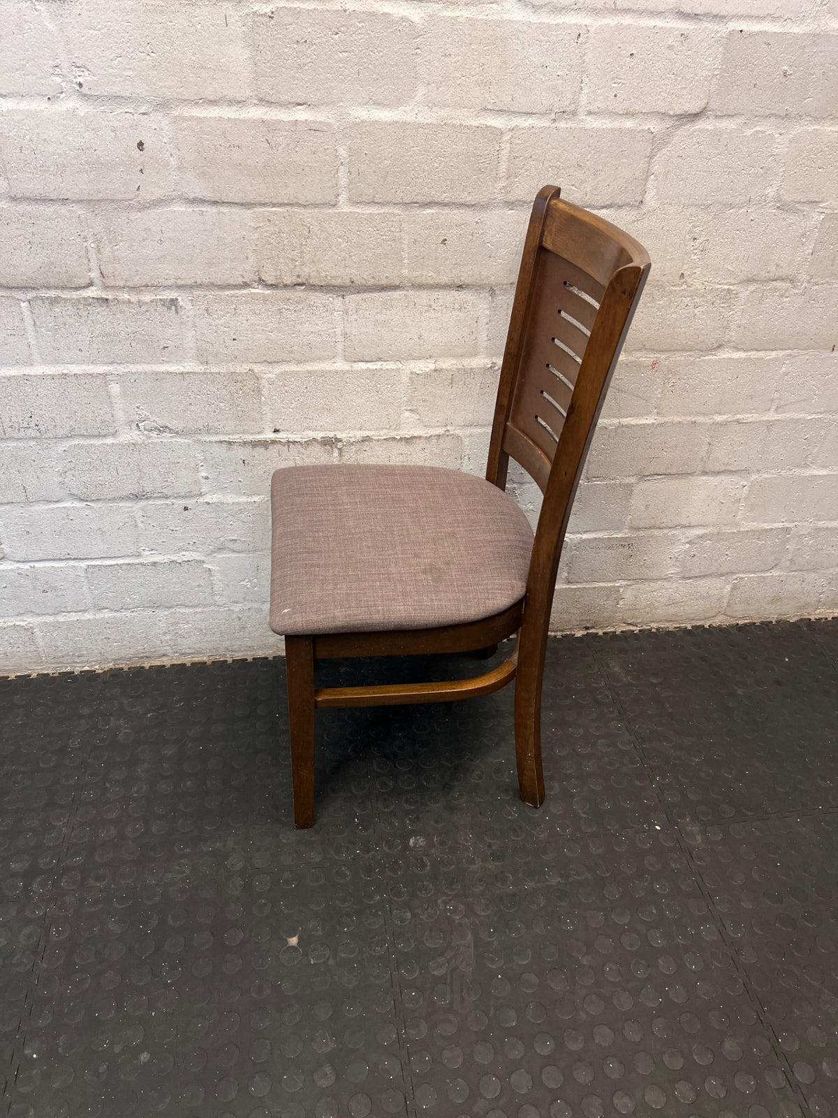 Brown Wooden Dining Chair with Fabric Upholstered Seat — Damaged Condition – condition detail
