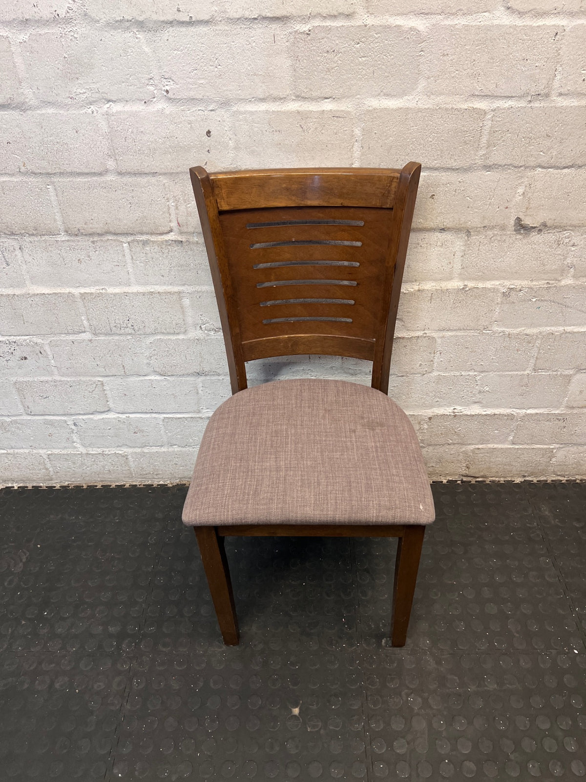 Brown Wooden Dining Chair with Fabric Upholstered Seat — Damaged Condition – main front view
