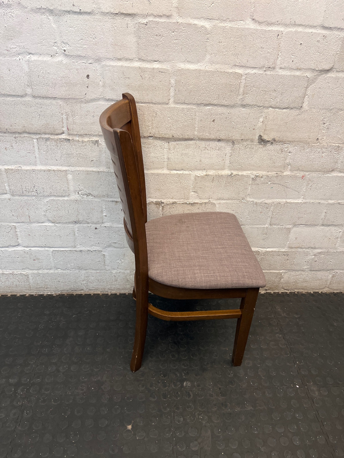 Brown Wooden Dining Chair with Fabric Upholstered Seat — Damaged Condition – top view
