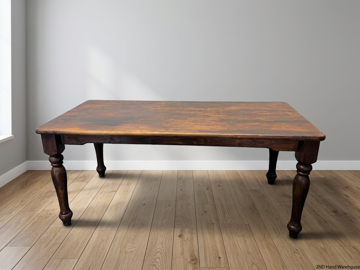 Dark Stained Pine Dining Table with Turned Legs – styled product image