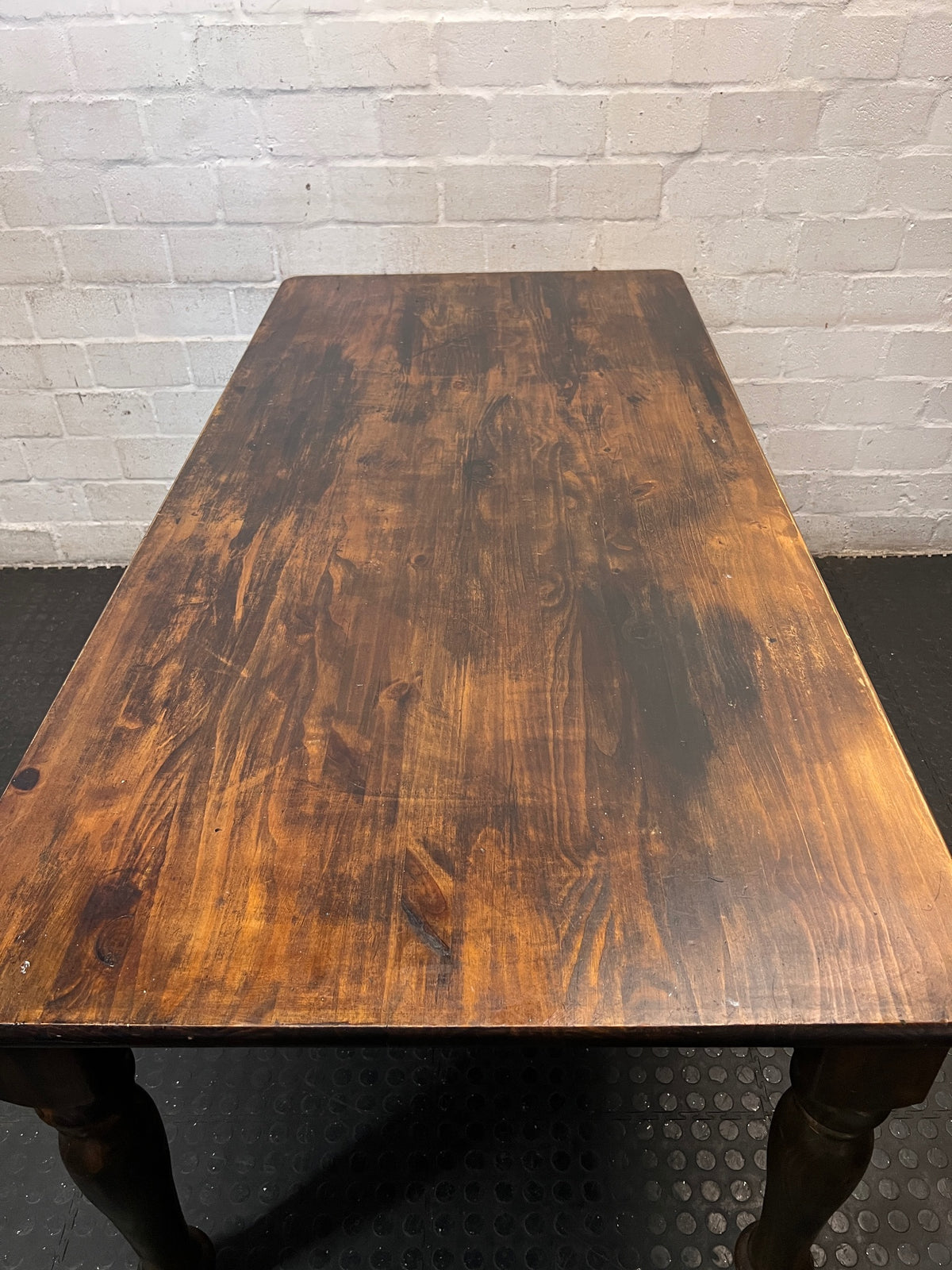 Dark Stained Pine Dining Table with Turned Legs – top view