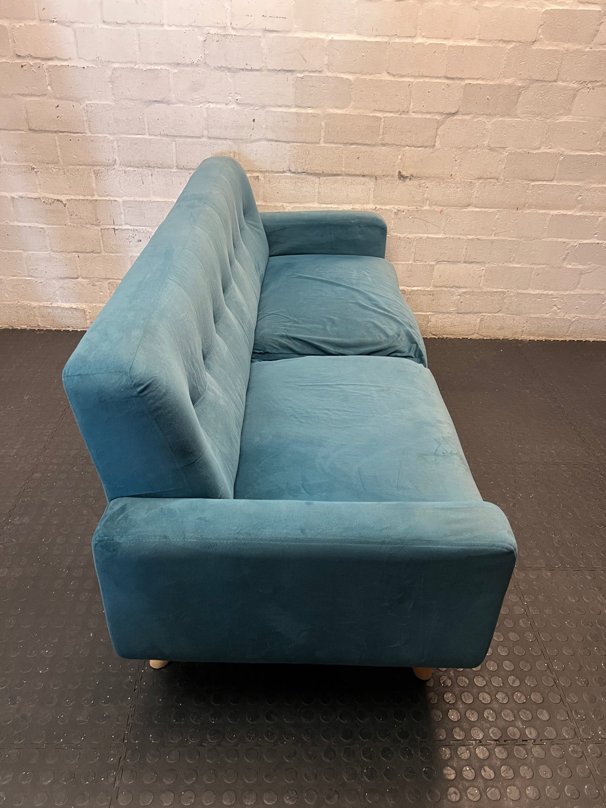 Cerulean Blue Tufted 2 Seater Couch – back view