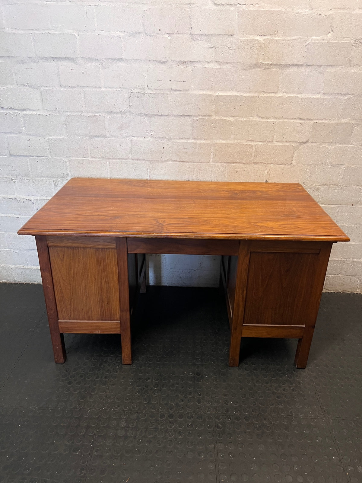 Vintage Brown Wooden Twin Pedestal Office Desk – back view