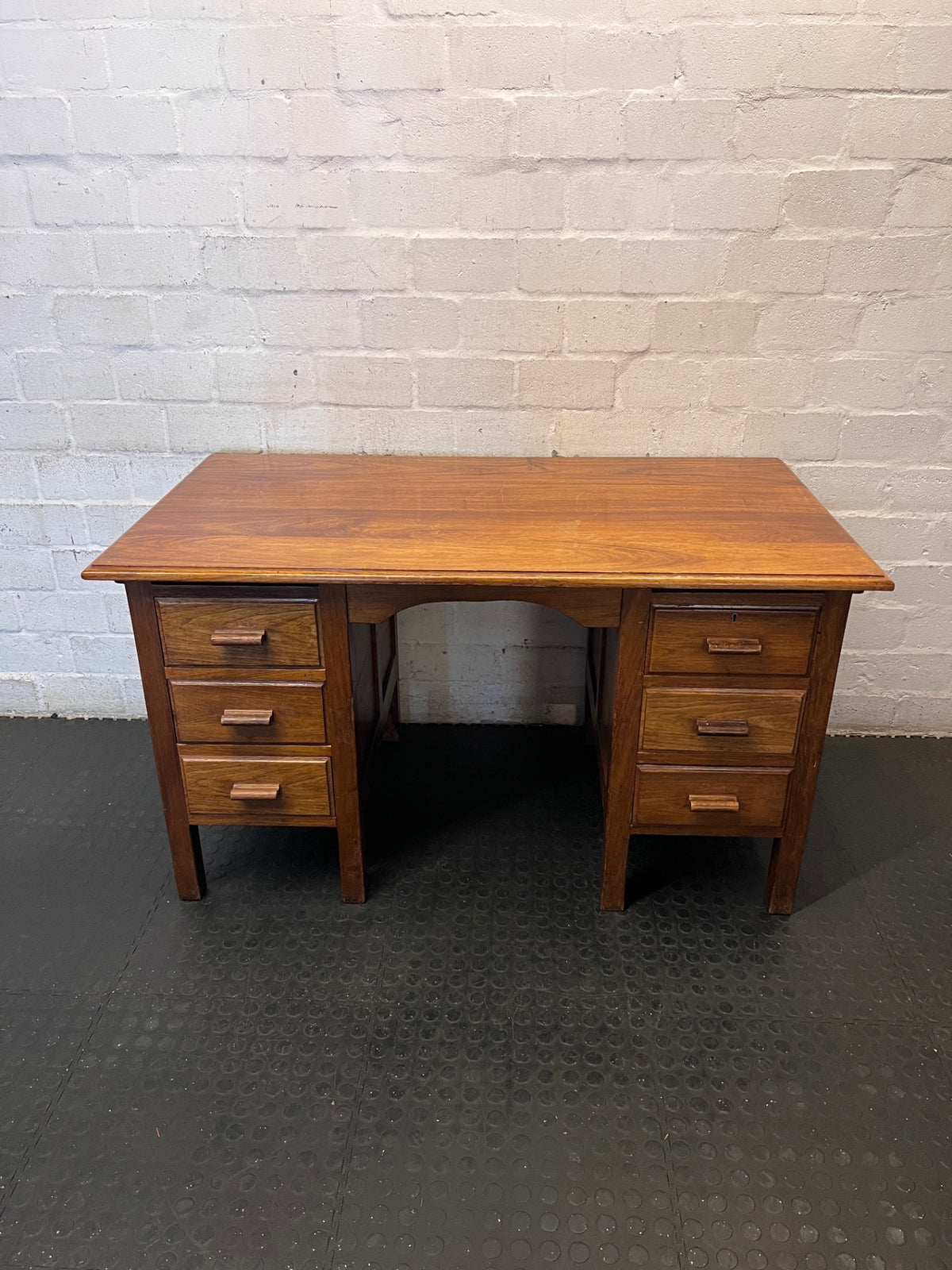 Vintage Brown Wooden Twin Pedestal Office Desk – main front view