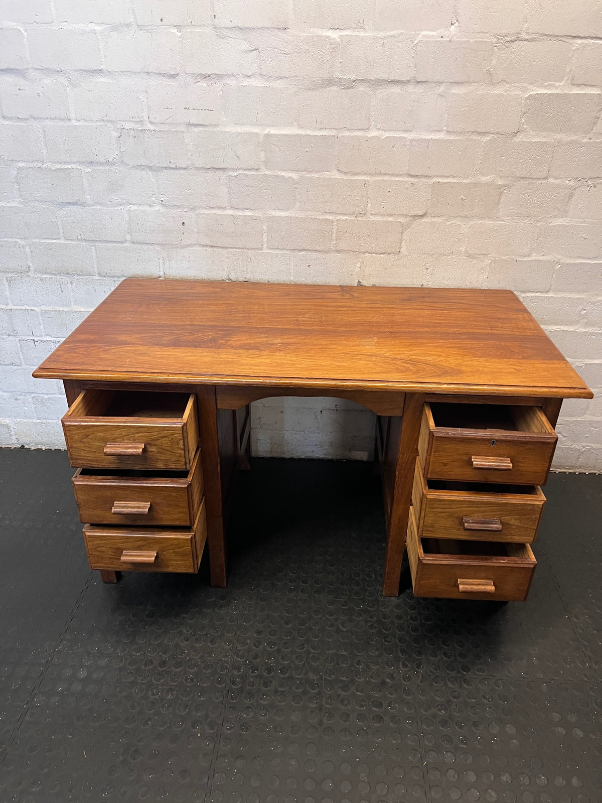 Vintage Brown Wooden Twin Pedestal Office Desk – side view