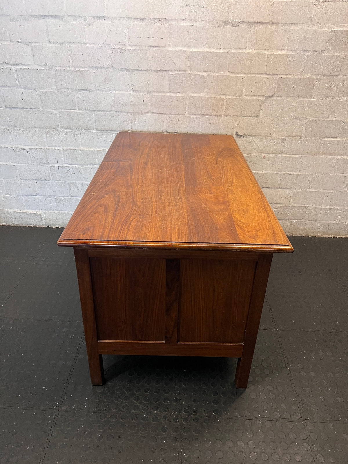 Vintage Brown Wooden Twin Pedestal Office Desk – top view
