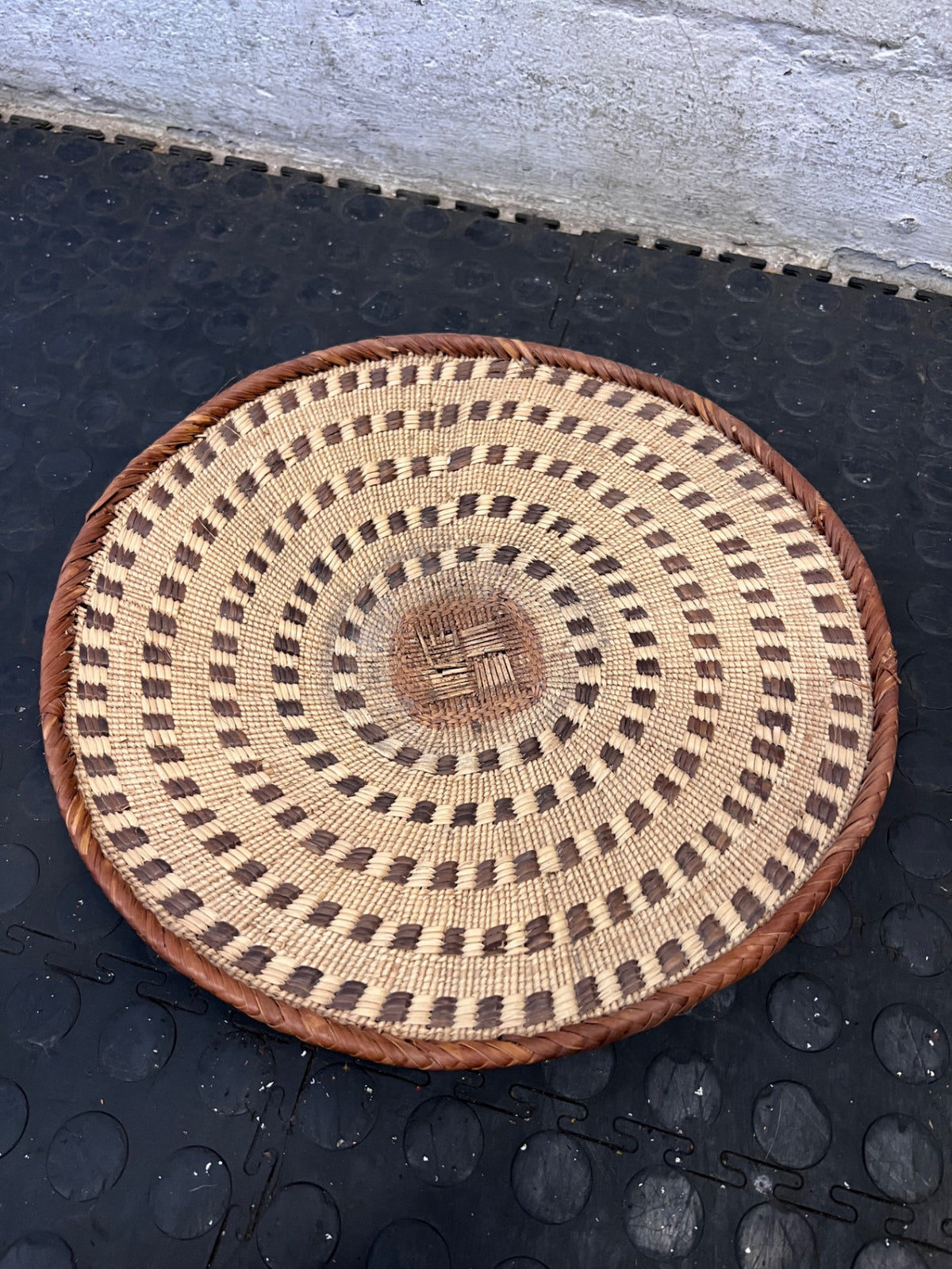 Woven Grass Decorative Basket with Spiral Pattern – side view
