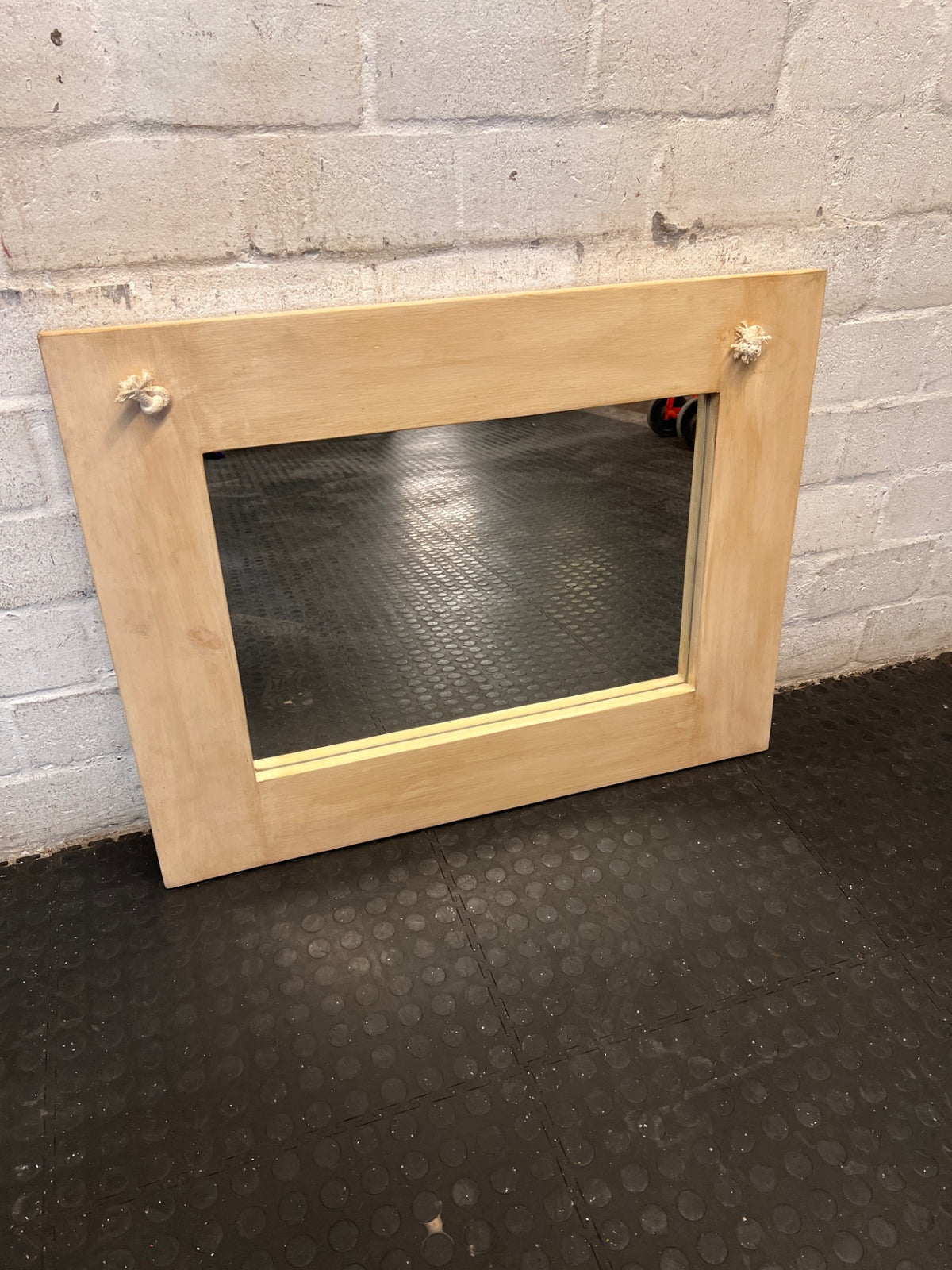Light Wood Landscape Wall Mirror with Rope Detail – main front view