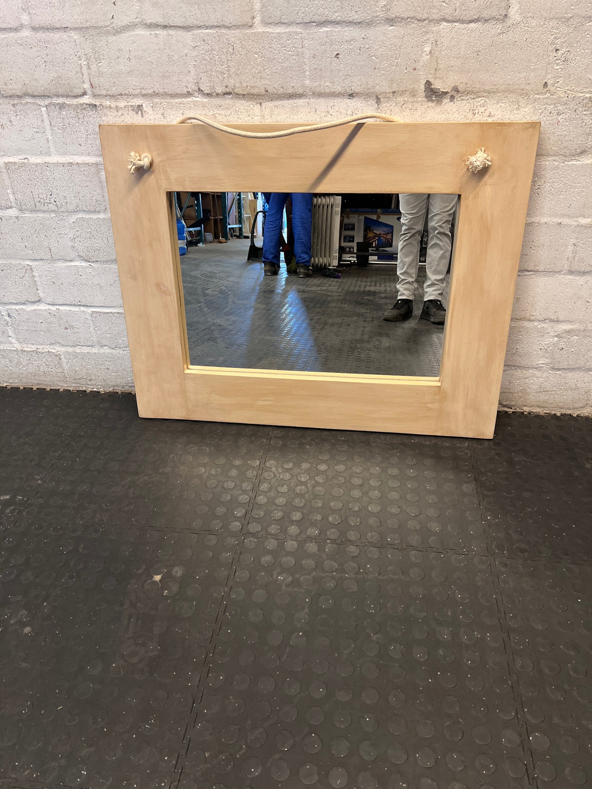 Light Wood Landscape Wall Mirror with Rope Detail – side view