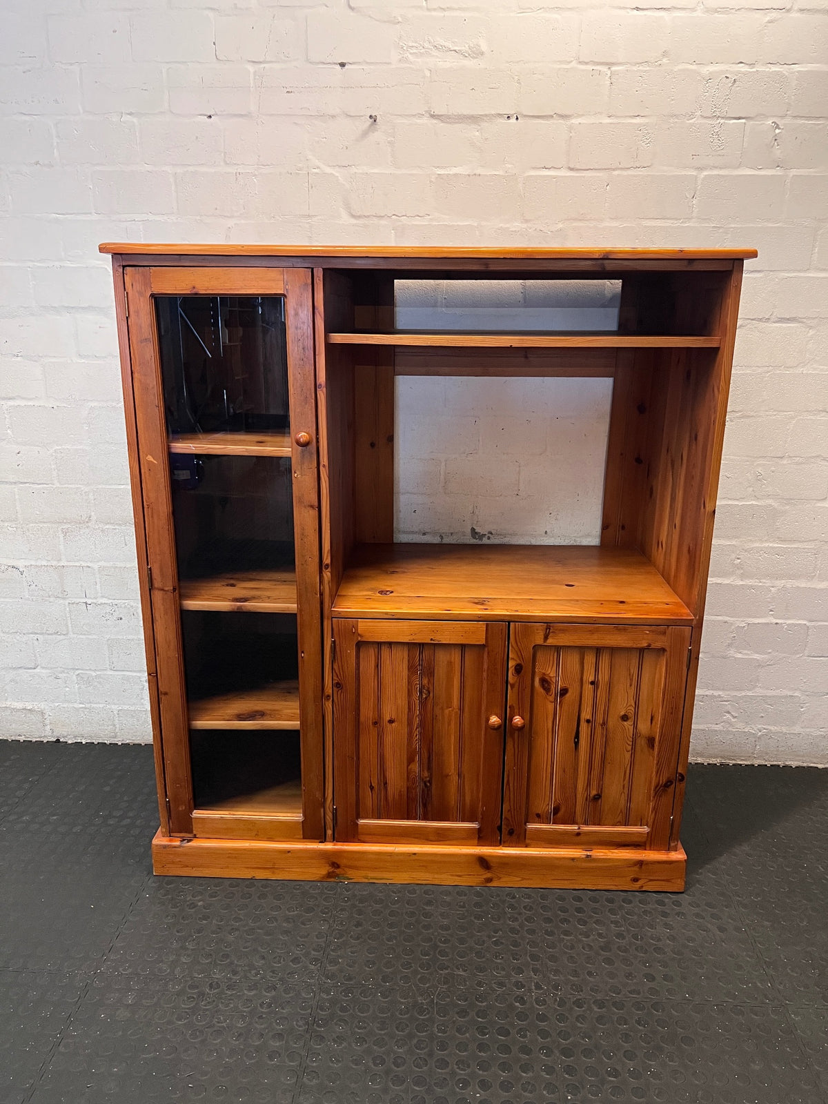 Oregon Pine TV Unit with Glass Display Cabinet – main front view