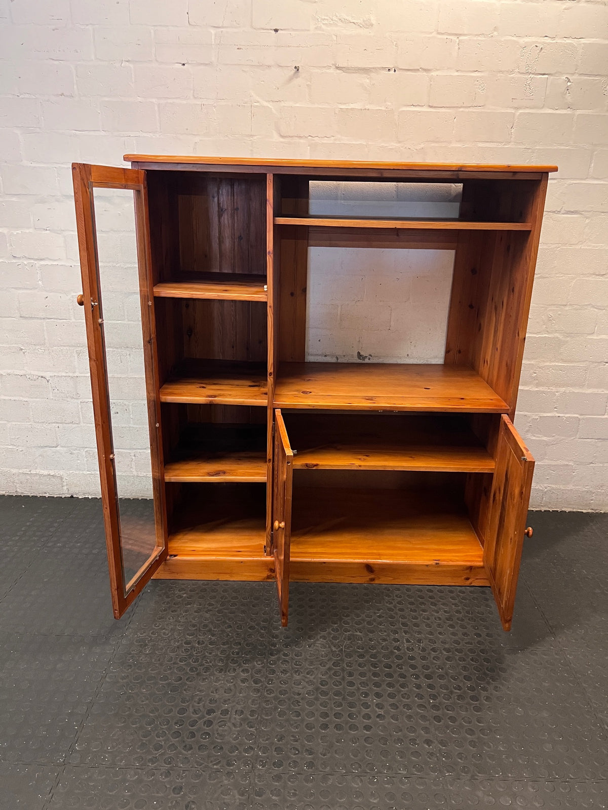 Oregon Pine TV Unit with Glass Display Cabinet – side view