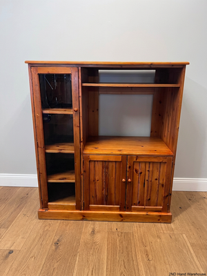 Oregon Pine TV Unit with Glass Display Cabinet – styled product image