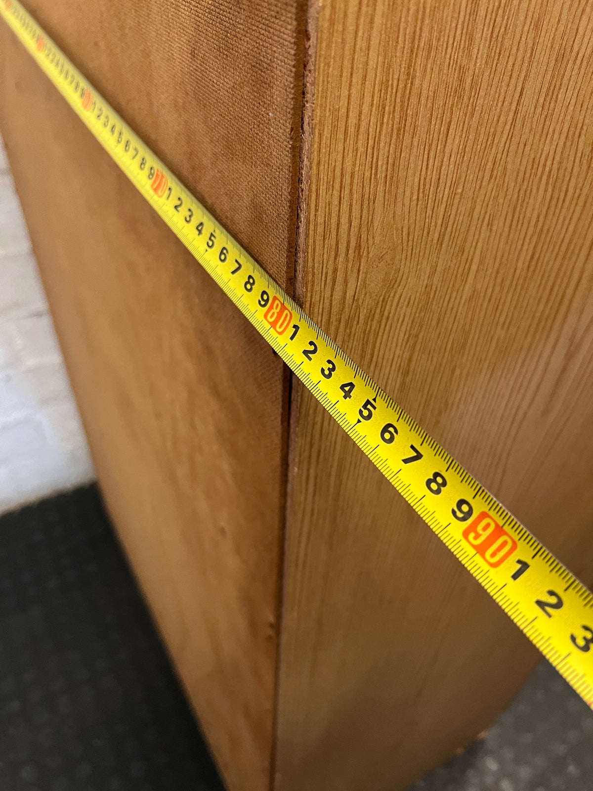 Oak Finish Glass Door Display Cabinet with Pigeon Holes – depth measurement