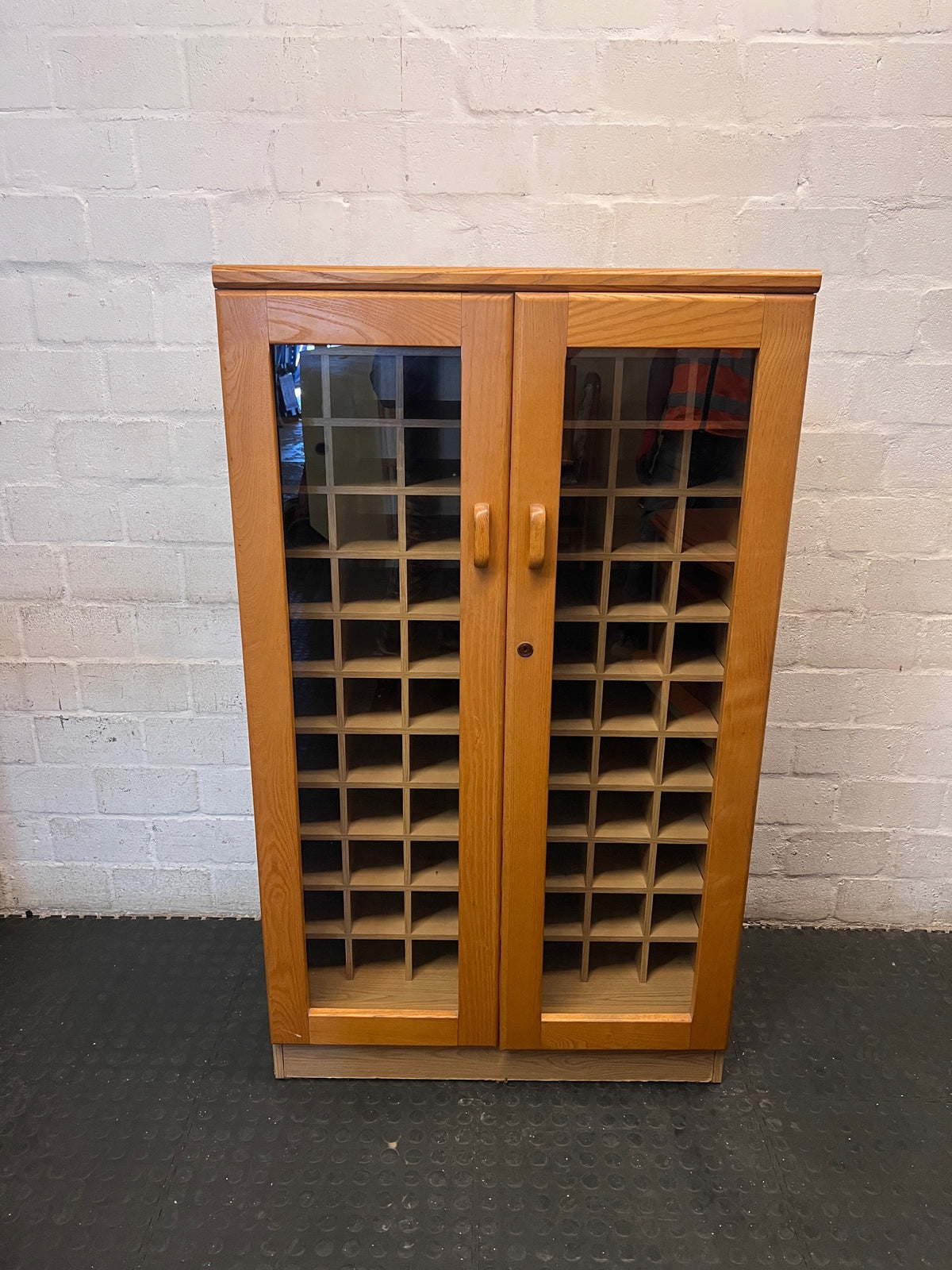 Oak Finish Glass Door Display Cabinet with Pigeon Holes – main front view