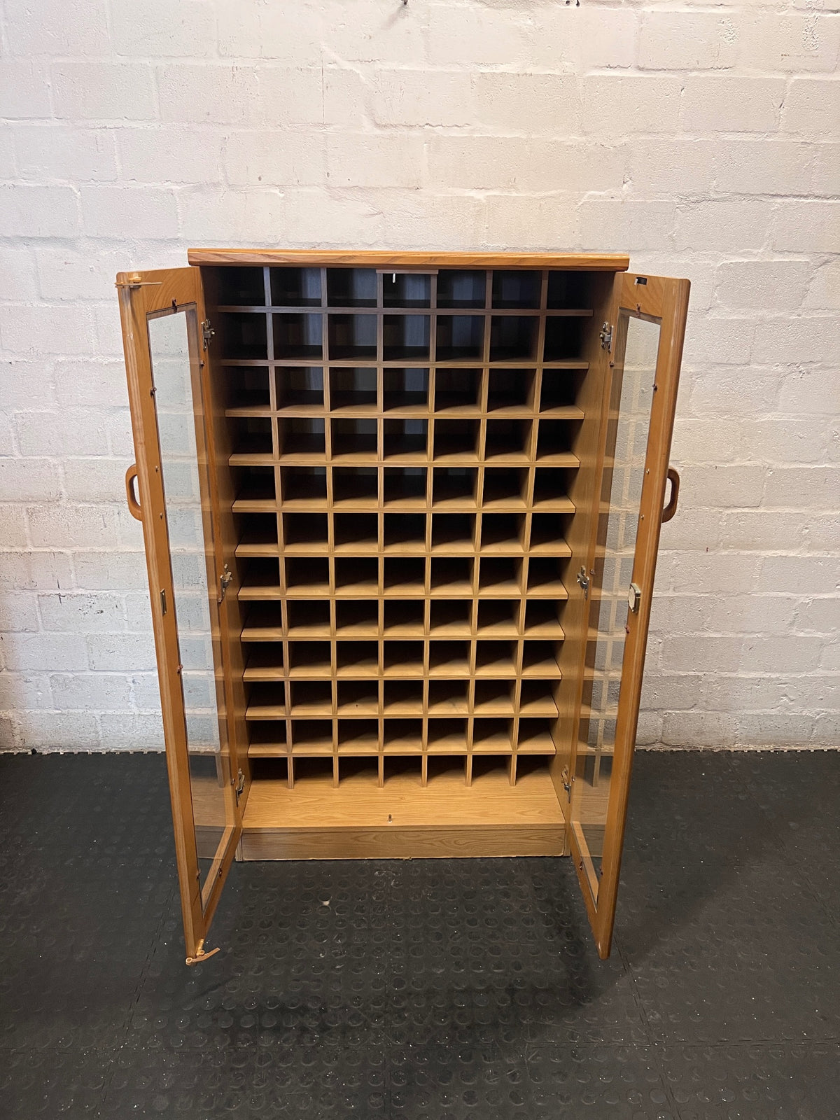 Oak Finish Glass Door Display Cabinet with Pigeon Holes – side view