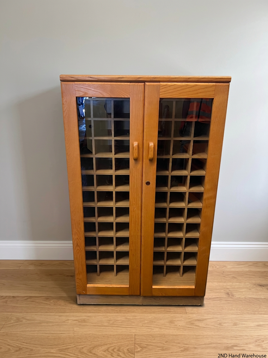 Oak Finish Glass Door Display Cabinet with Pigeon Holes – styled product image