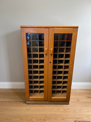 Oak Finish Glass Door Display Cabinet with Pigeon Holes – styled product image