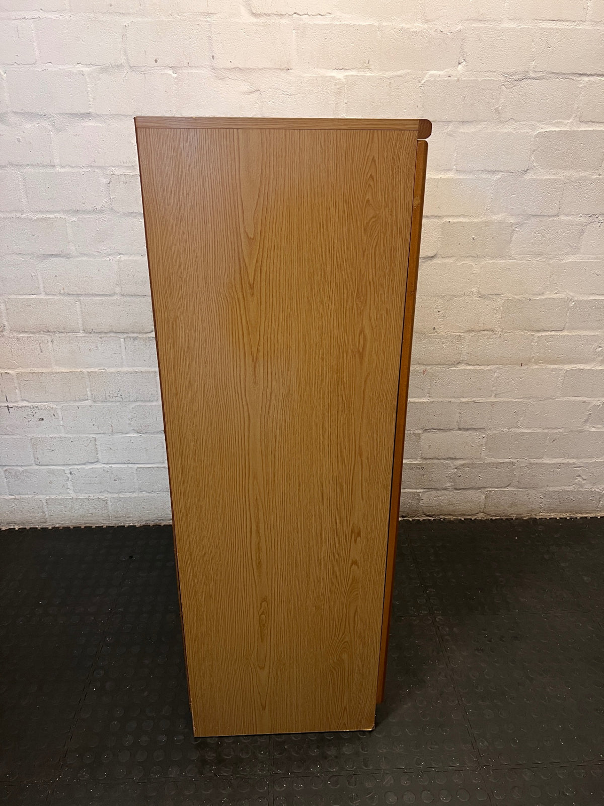 Oak Finish Glass Door Display Cabinet with Pigeon Holes – top view