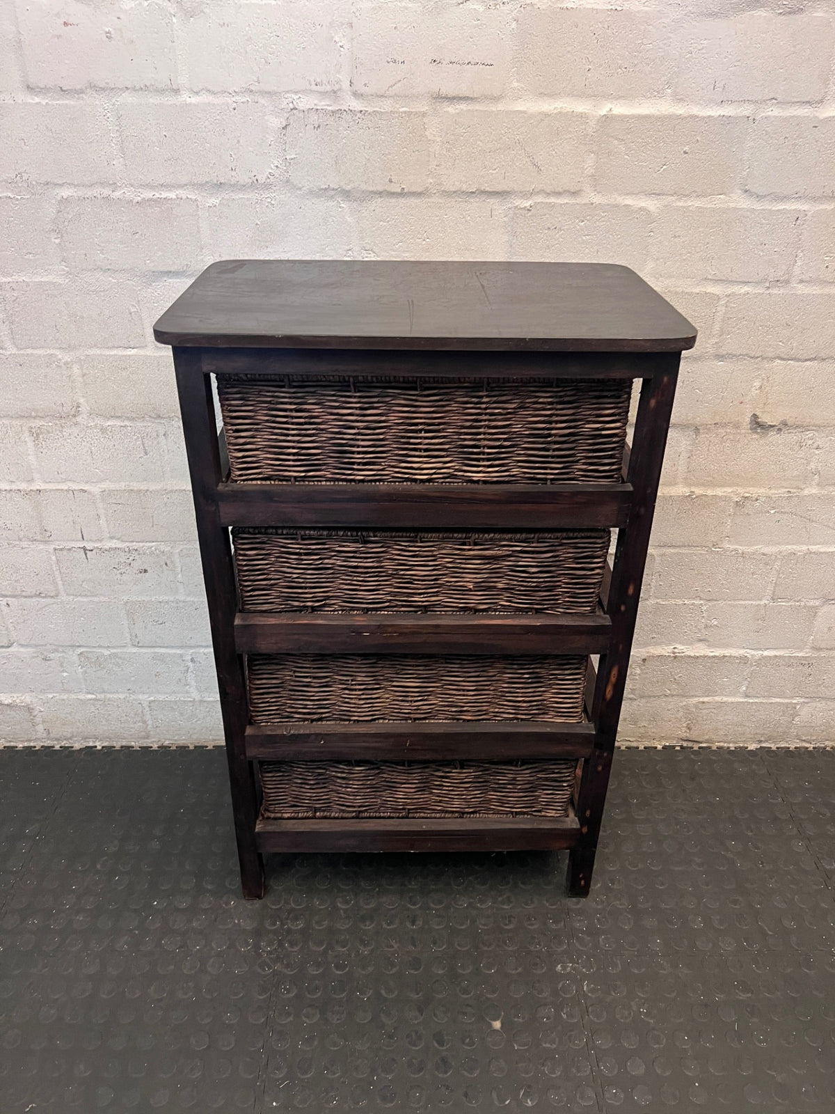 Dark Brown Wooden Chest with 4 Woven Rattan Drawers – back view