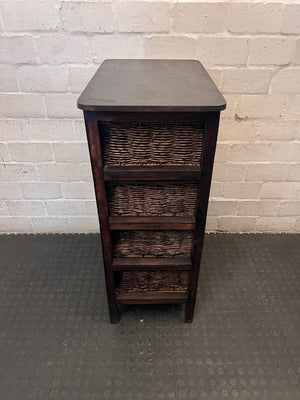 Dark Brown Wooden Chest with 4 Woven Rattan Drawers – condition detail