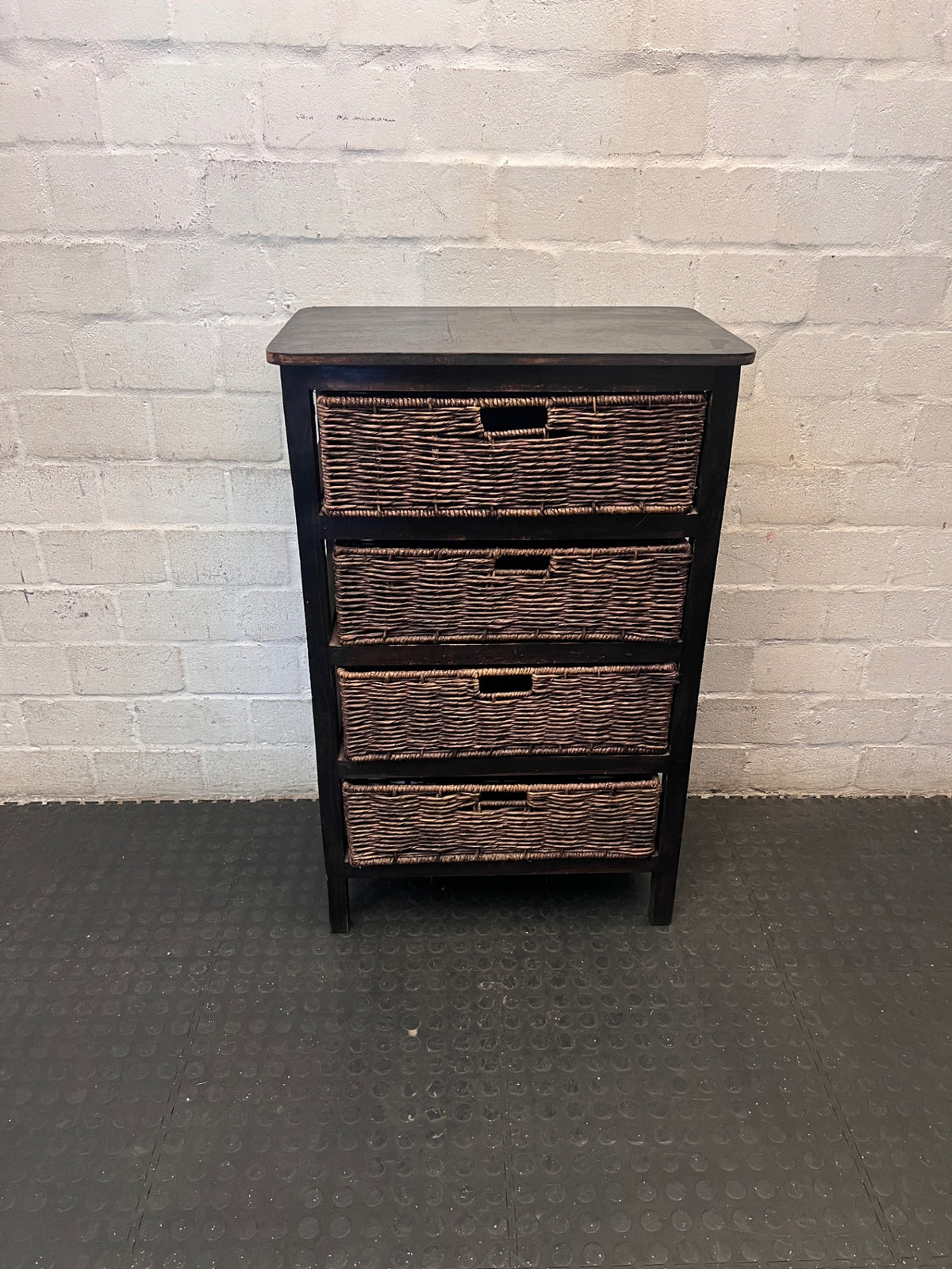 Dark Brown Wooden Chest with 4 Woven Rattan Drawers – main front view