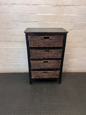 Dark Brown Wooden Chest with 4 Woven Rattan Drawers – main front view