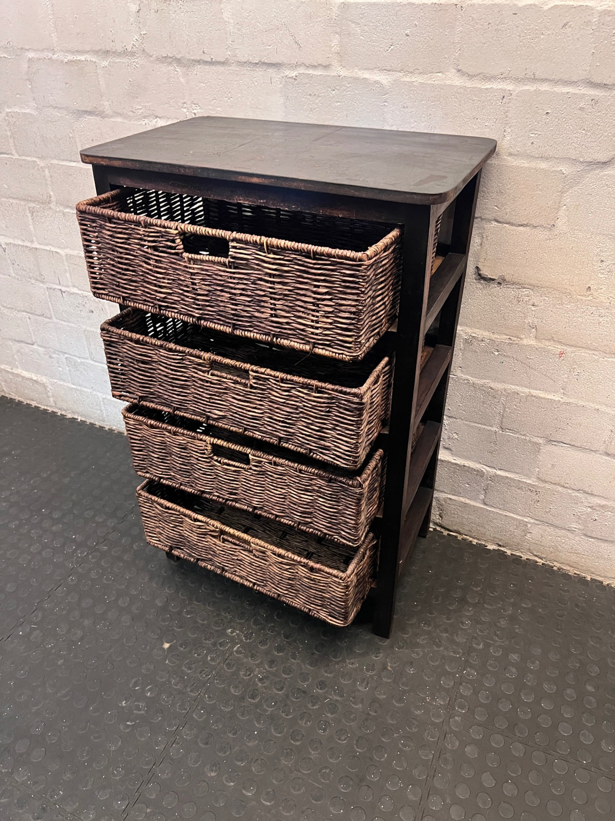 Dark Brown Wooden Chest with 4 Woven Rattan Drawers – side view