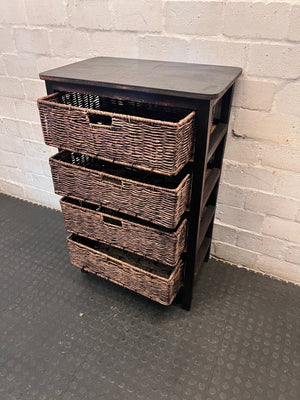 Dark Brown Wooden Chest with 4 Woven Rattan Drawers – side view