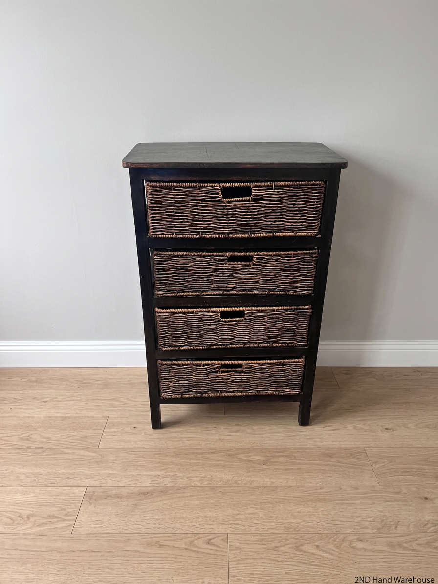 Dark Brown Wooden Chest with 4 Woven Rattan Drawers – styled product image