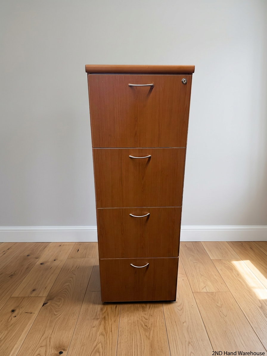 4-Drawer Oak Veneer Filing Cabinet with Silver Handles – styled product image