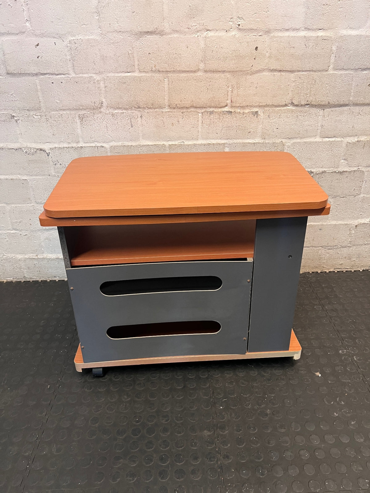 Brown Mobile TV Unit with Swivel Top and Media Rack – back view