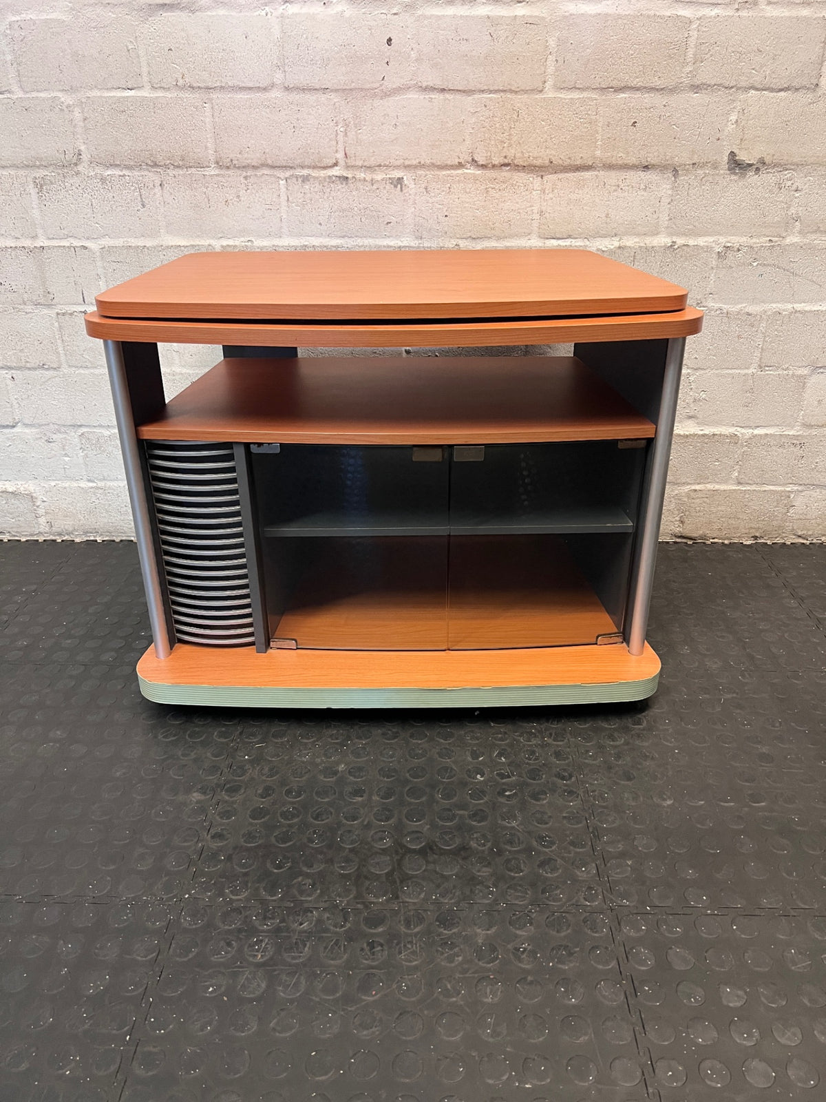 Brown Mobile TV Unit with Swivel Top and Media Rack – main front view