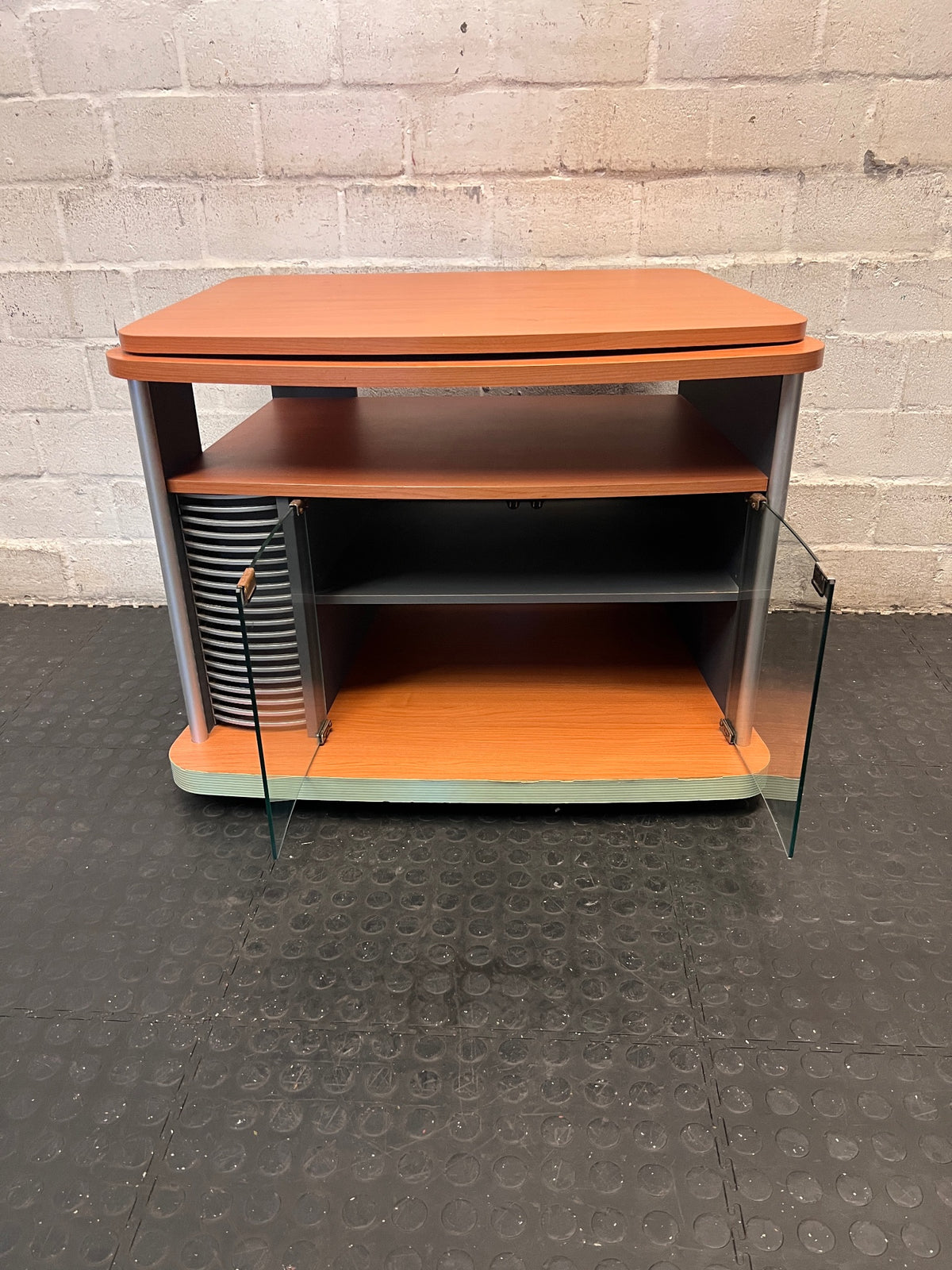 Brown Mobile TV Unit with Swivel Top and Media Rack – side view