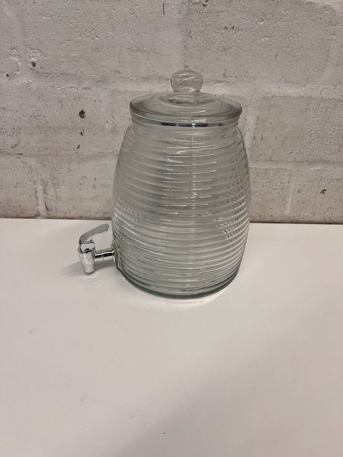 Ribbed Glass Beverage Dispenser with Lid – side view