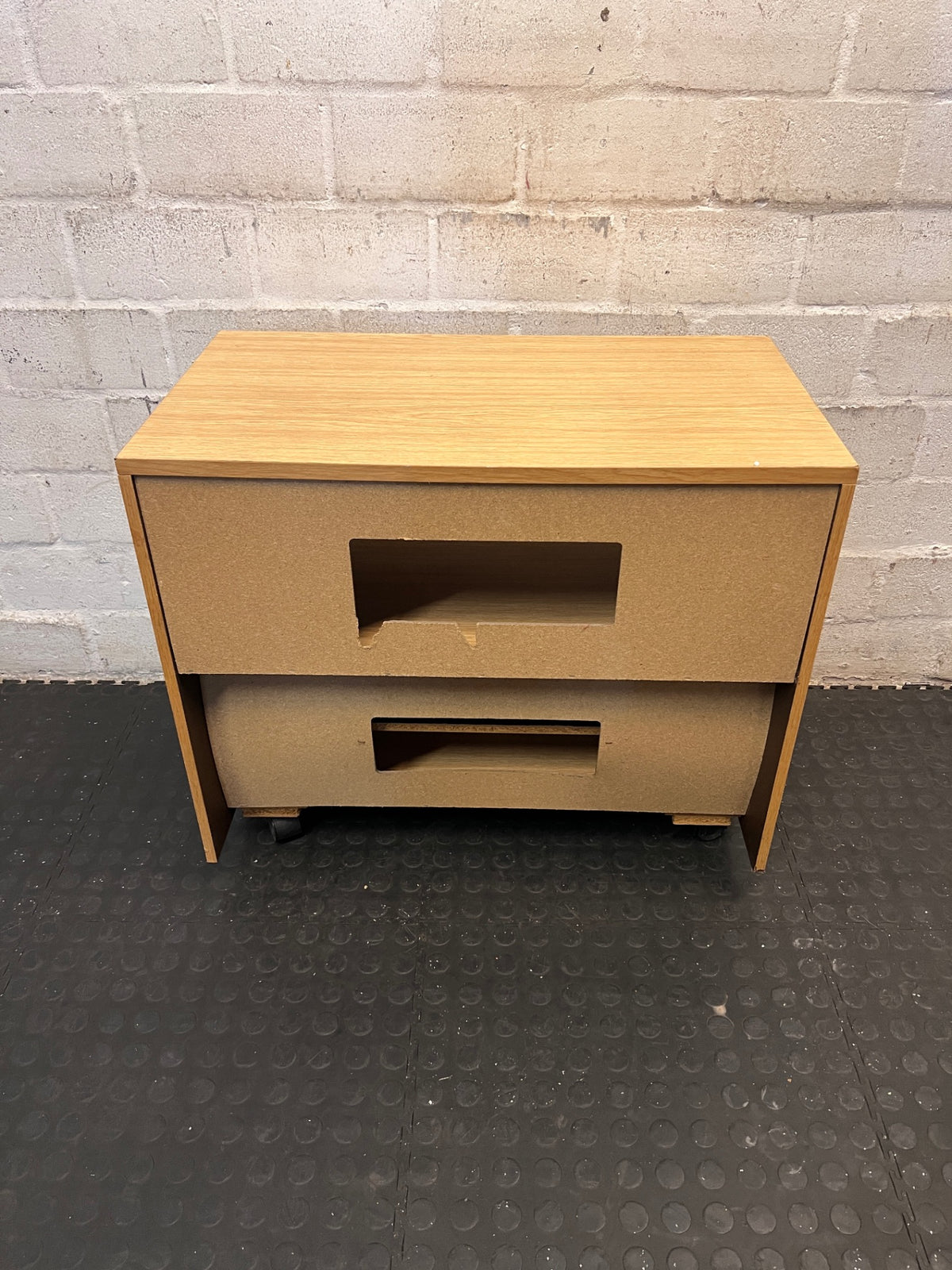 Oak-Finish Mobile TV Unit with Glass Doors – back view