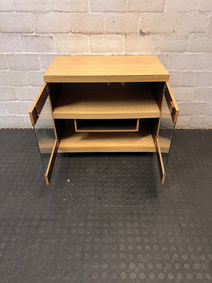 Oak-Finish Mobile TV Unit with Glass Doors – side view
