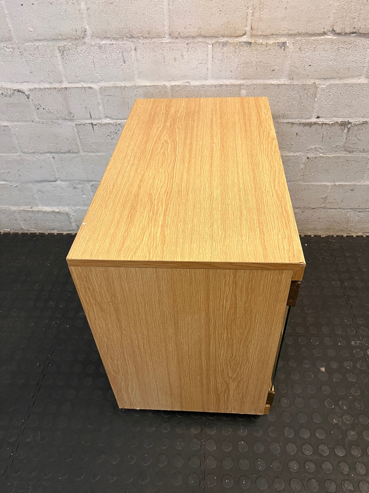 Oak-Finish Mobile TV Unit with Glass Doors – top view
