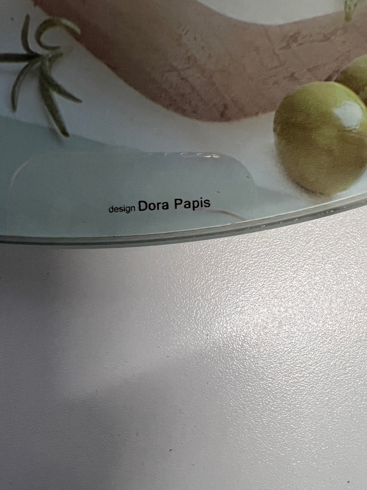 Circular Glass Rotating Cheese Server with Herb Print – back view