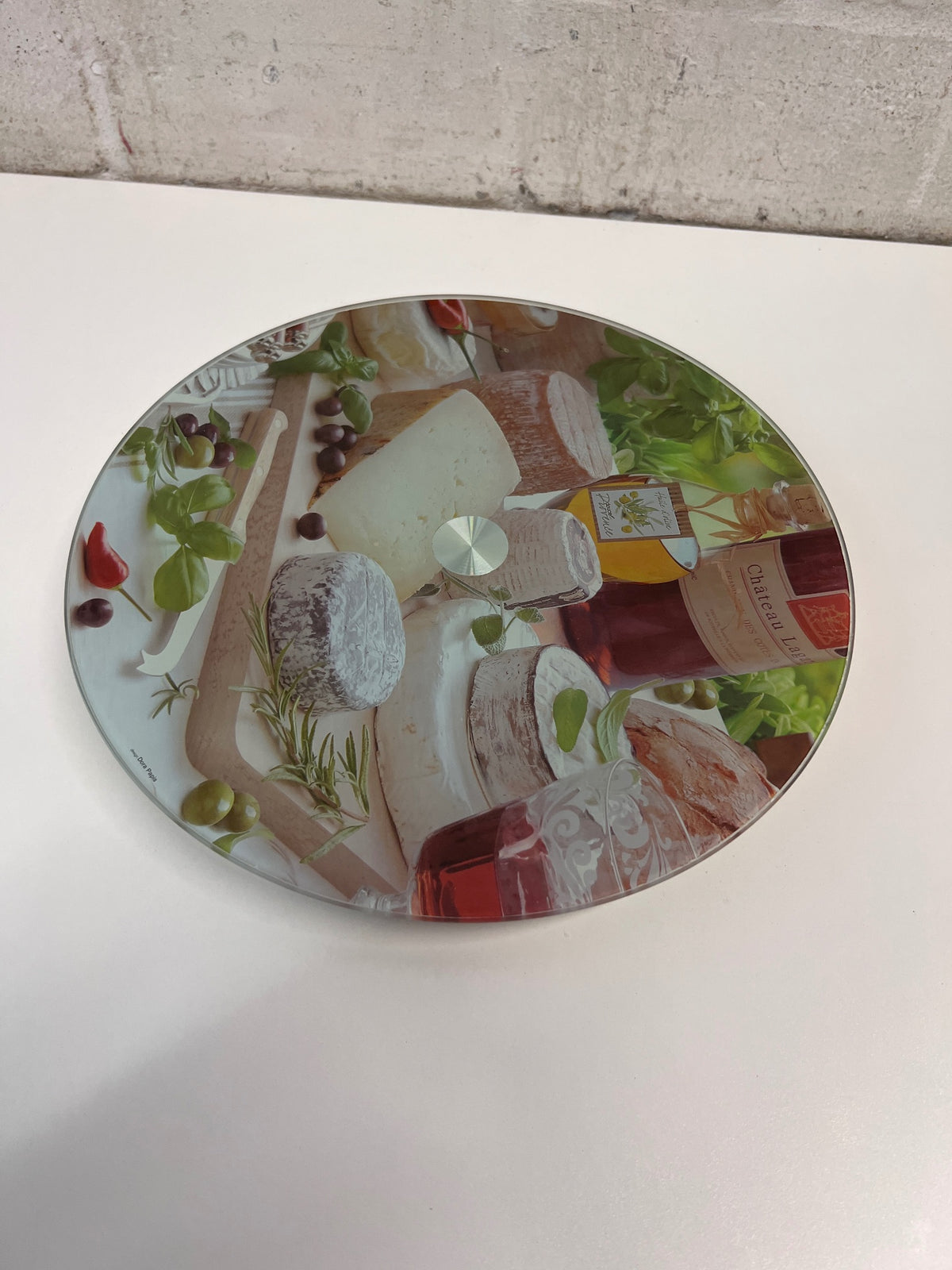 Circular Glass Rotating Cheese Server with Herb Print – side view