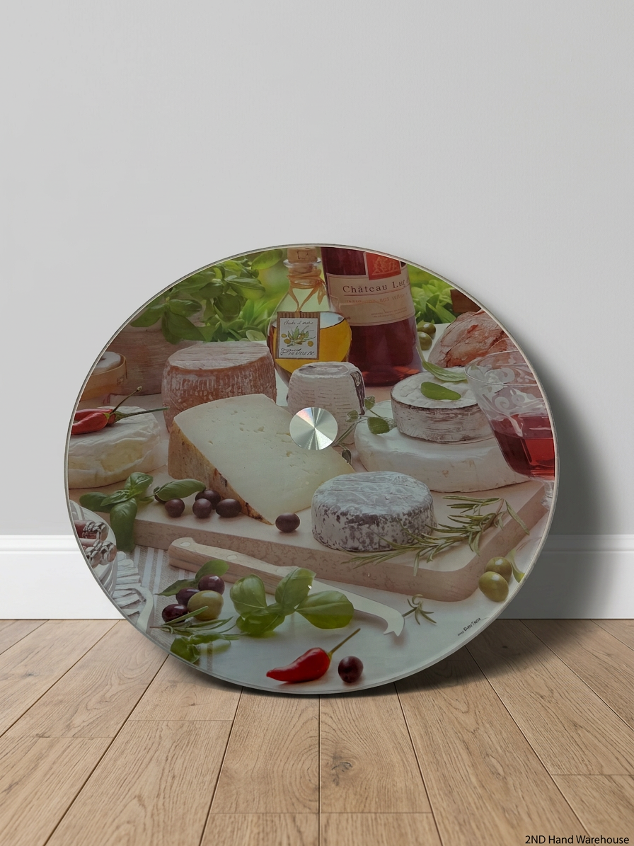 Circular Glass Rotating Cheese Server with Herb Print – styled product image