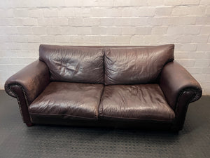 Dark Brown Leather 3 Seater Couch with Stud Detail — Scratches on Arms – main front view