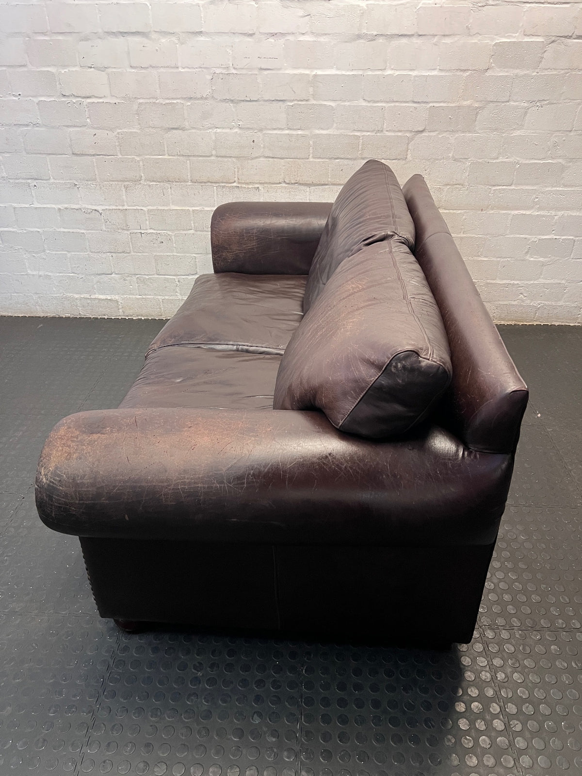 Dark Brown Leather 3 Seater Couch with Stud Detail — Scratches on Arms – side view