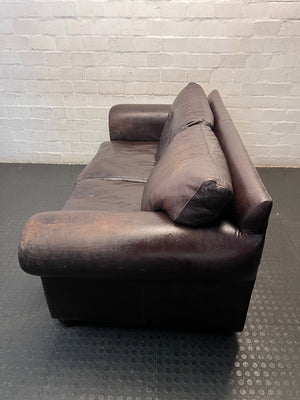 Dark Brown Leather 3 Seater Couch with Stud Detail — Scratches on Arms – side view