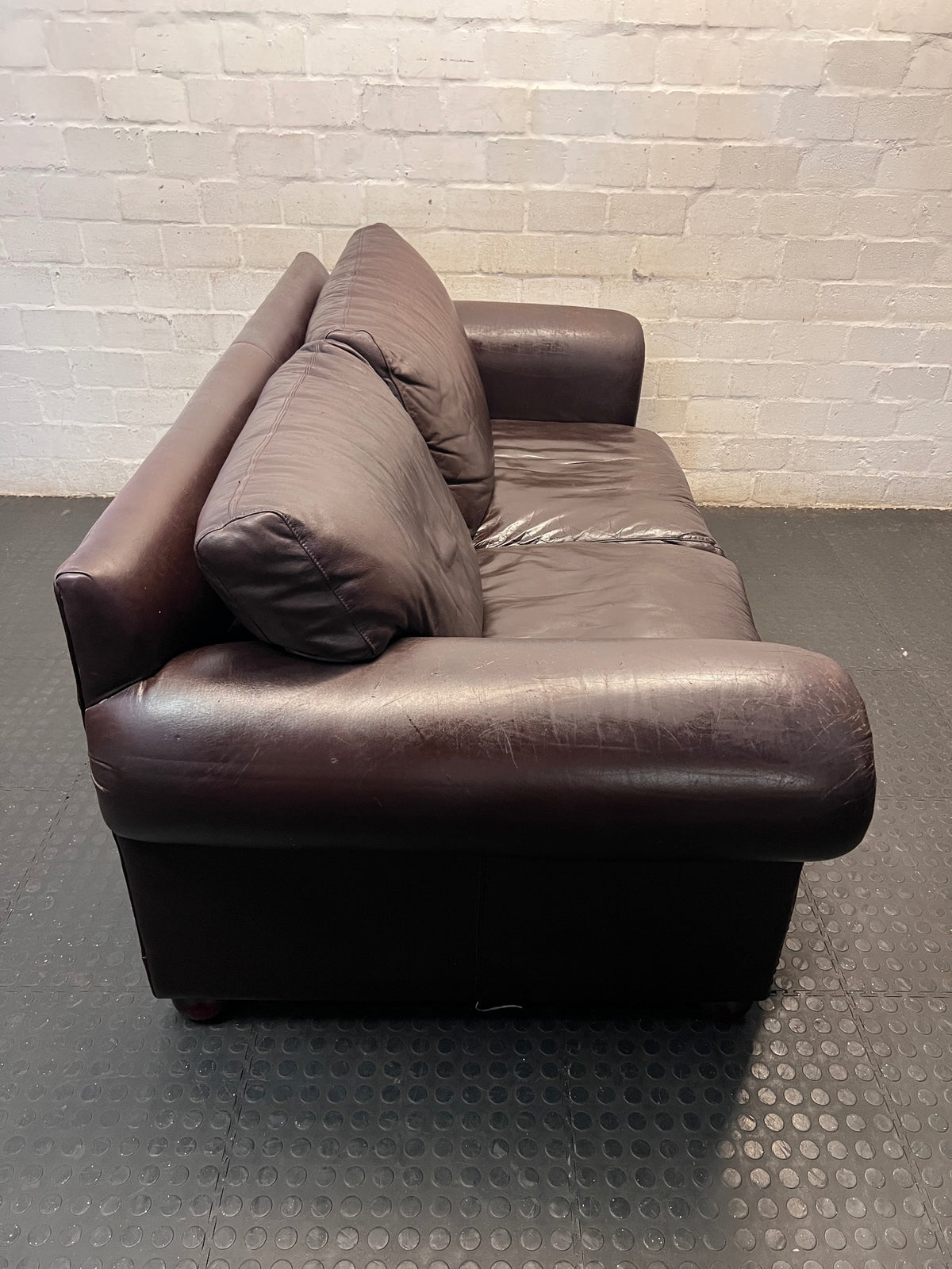 Dark Brown Leather 3 Seater Couch with Stud Detail — Scratches on Arms – top view