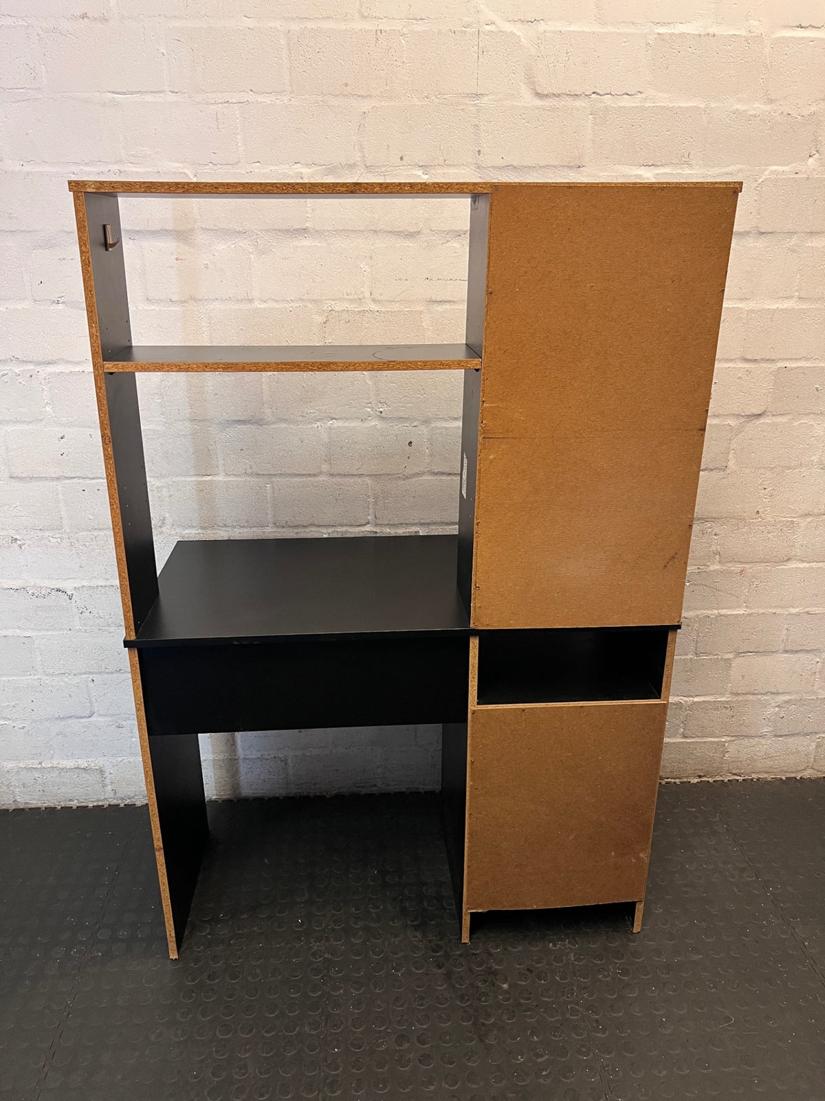 Black Office Desk with Integrated Hutch and Drawers — Damaged Desk Unit – back view