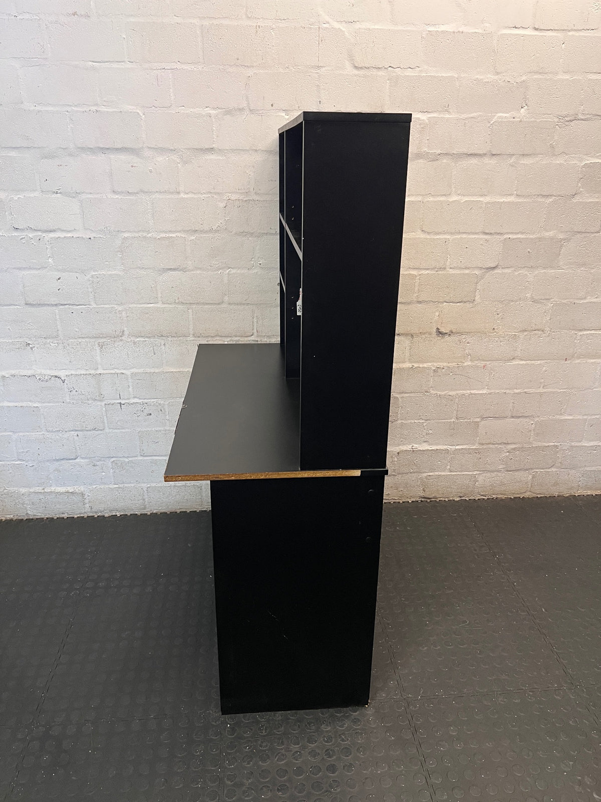 Black Office Desk with Integrated Hutch and Drawers — Damaged Desk Unit – condition detail